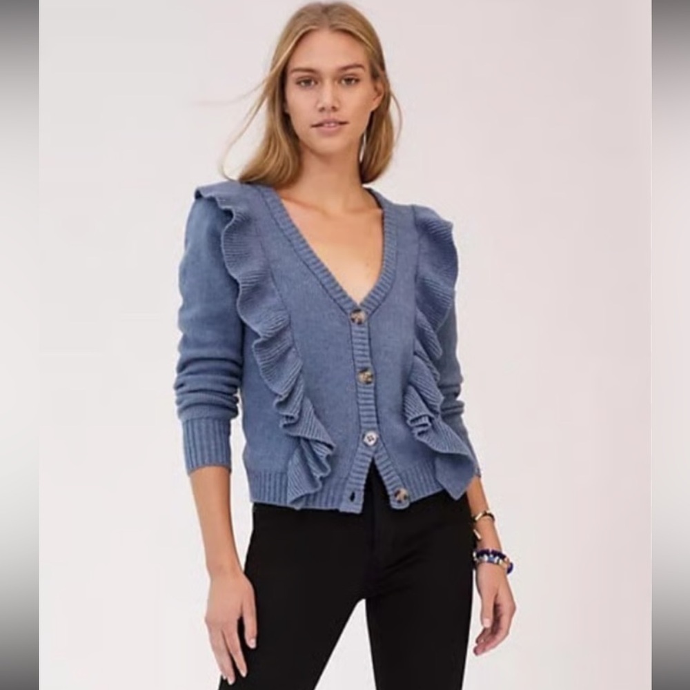 Anthropologie Sweater Cardigan Small Blue Ruffled Buttons Cottagecore Academia